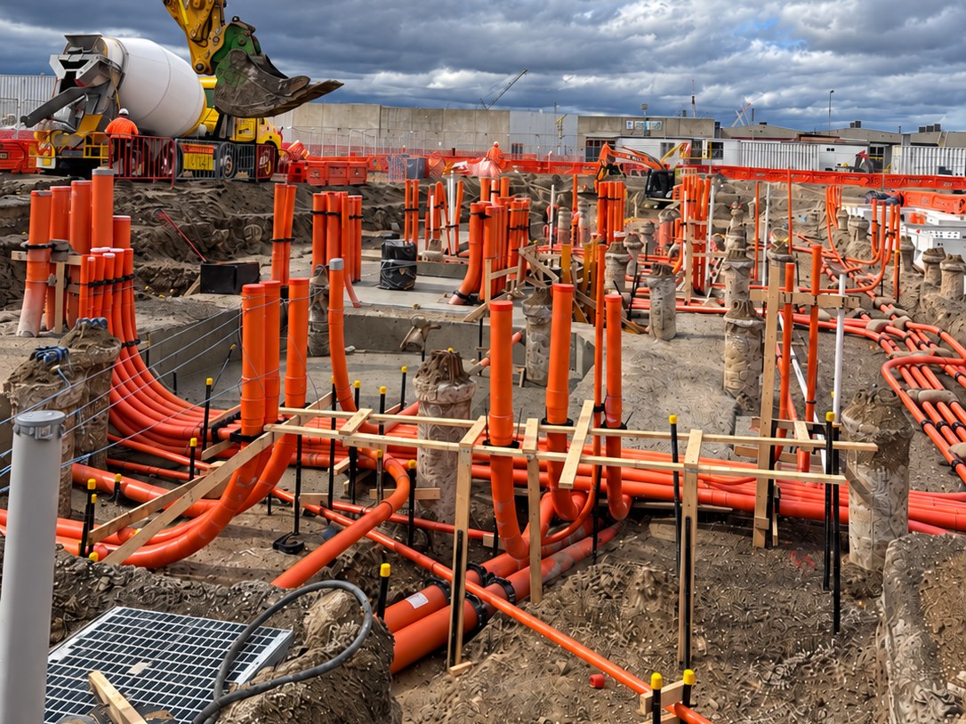 Multi-way HV, LV and comms duct banks stood up across a data centre site