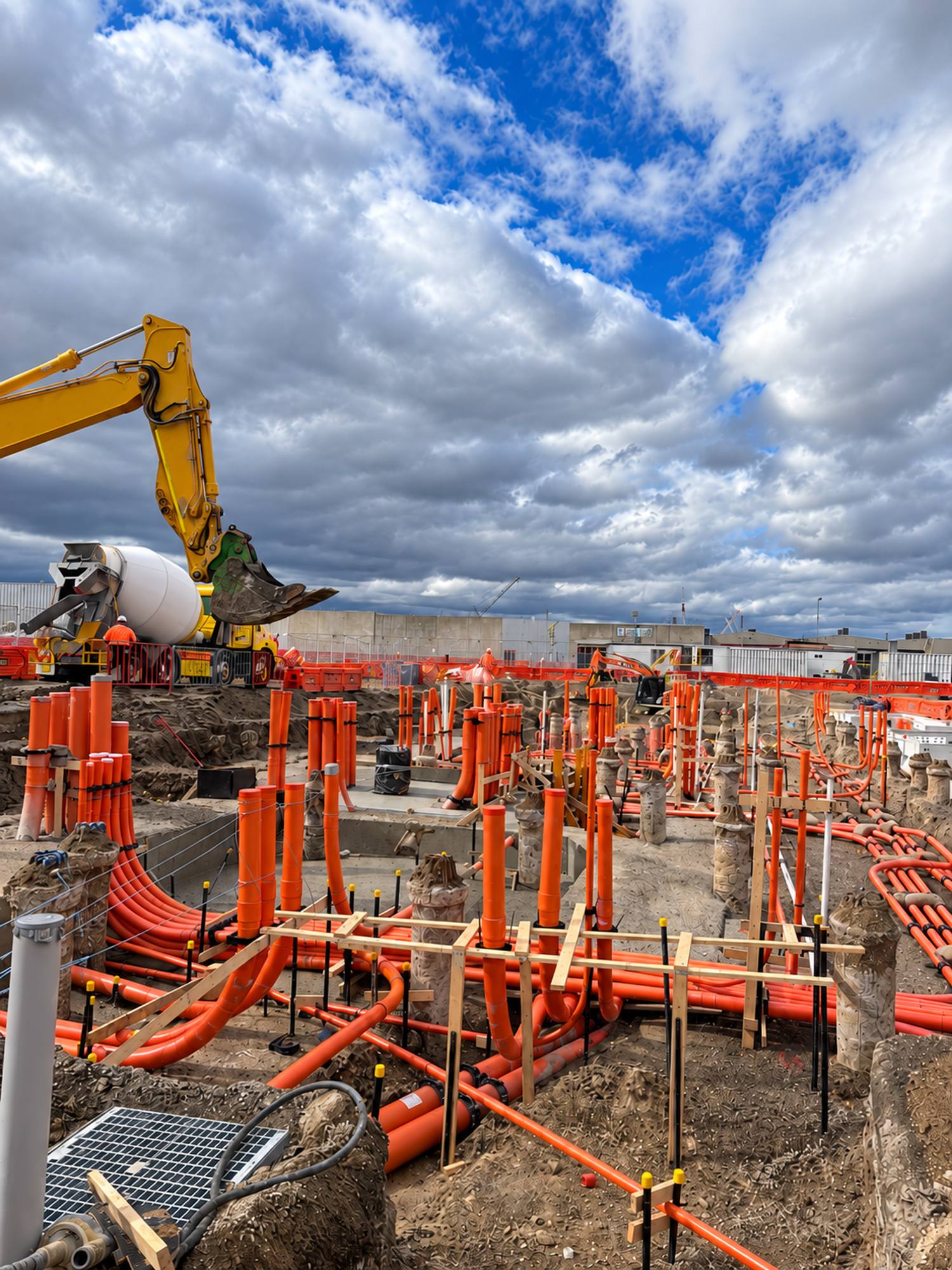 Orange conduit banks stood up across a data centre site, with an excavator and concrete truck working behind